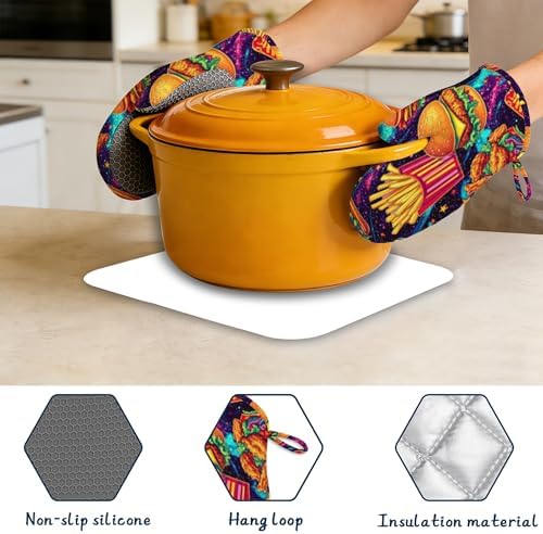 Oven Mitts and Pot Holders Sets,Hamburger French Fries Thick Cotton Kitchen Oven Mitt Set,Funny Food Waterproof Anti-Slip Silicone Mittens for Baking,Cute Cooking Utensils Set for Bakeries Barbecues - Image 3