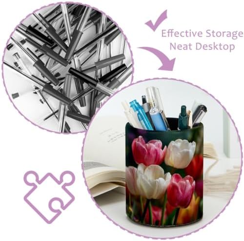 Leather Pen Holder for Desk, Pink White Tulip Pencil Cup Pen Organizer Makeup Brush Holder for Office Home Kids Countertop Desk Accessory Storage - Image 4