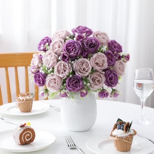 Luyue 4 Packs Purple Peonies Artificial Flowers Faux Peony Bouquet Purple Fake Flowers for Vase Silk Floral Arrangements for Table Centerpiece Wedding Decoration Indoor Autumn Home Decor - Image 3