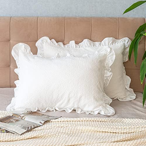 GLORY SEASON Pillow Shams Set of 2 Pure Cotton Champray Ruffled Edge,Thick and Solid Washed Dobby Heavy Fabric King 20x36 Inches - Image 2