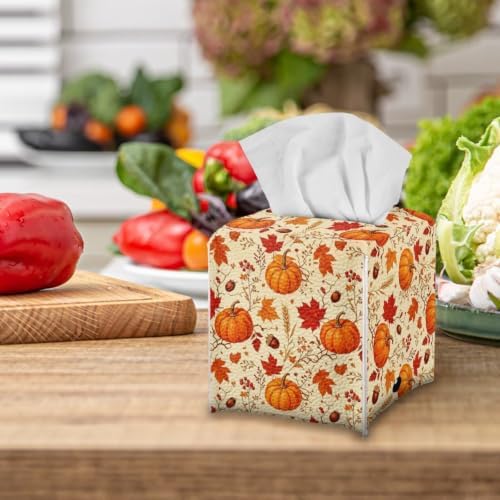 Thanksgiving Tissue Holder for Bathroom Pumpkin Leaves Modern Decorative Tissue Box Case Organizer Holder with Bottom Belt for Fall Home Office Decor - Image 4