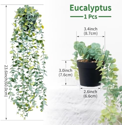 LOYWREE 2 Pack Fake Hanging Plants Artificial Eucalyptus Small Potted Long Vine Plant for Indoor and Outdoor Shelves, Walls, Rooms, Homes, Offices, and Gardens Decor (Black Pot) - Image 2