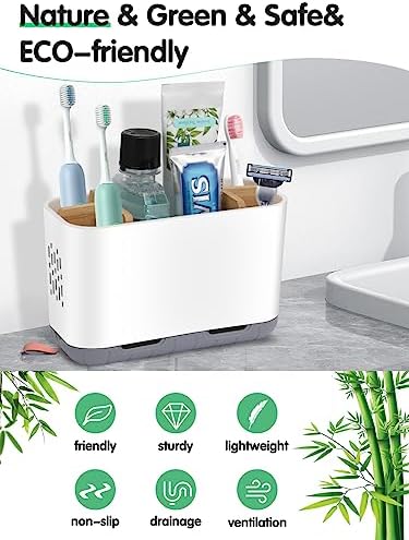 GFWARE Toothbrush Holders for Bathrooms - Bamboo Divider Toothbrush and Toothpaste Holder with Drainage, Kids Electric Toothbrush Organizer for Bathroom Countertop, White Tooth Brush Holder - Image 2
