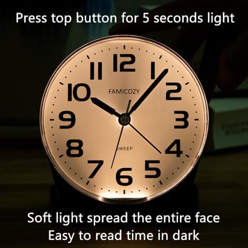 FAMICOZY 4.5" No Ticking Analog Alarm Clock,Silent Readable for Seniors,Easy to Set,Gradual Rise Alarm,Big Numbers,On/Off Switch on Side,Gentle Wake,Snooze Soft Backlight,Battery Operated,Black - Image 5