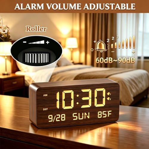 Wooden Digital Alarm Clock for Bedroom - Desk Clock with Date, Day of Week, Temperature, Dual Alarms, Dimmer, USB Port Charge, DST, Adjustable Volume for Living Room/Office Wood Decor (Brown) - Image 5