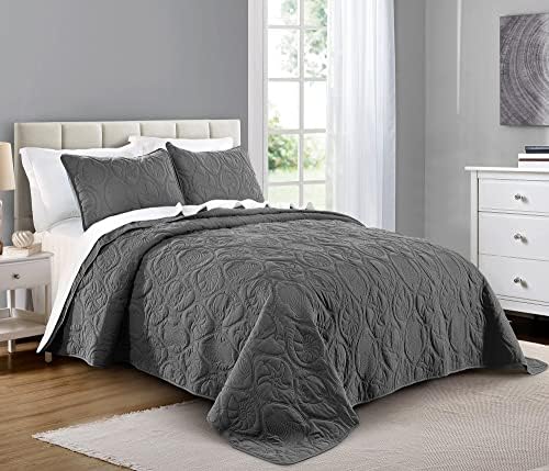 Pure Bedding Quilt Set King/Cal King/California King Size Dark Grey - Oversized Bedspread - Microfiber Coverlet - Includes 1 Quilt and 2 Shams, Ocean Star Pattern by PureBedding