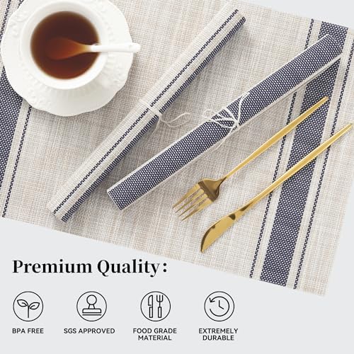Leetaltree Khaki-Blue Placemats, Heat Resistant Non-Slip Place mats for Dining Table, Washable Durable PVC Vinyl Woven Table Mats (Set of 6) - Image 2