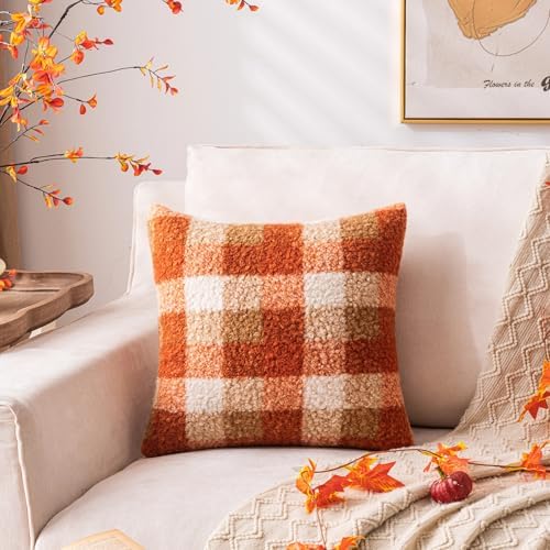 AQOTHES Plaid Fall Throw Pillow Covers Orange 22x22 Inch Set of 2 - Image 5