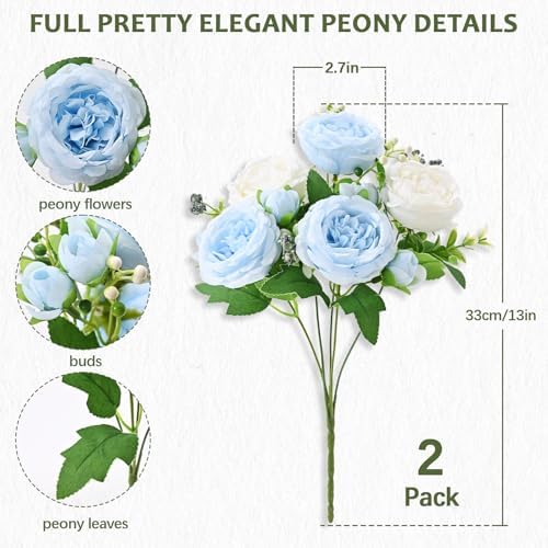 8 Packs Peonies Artificial Flowers Mixed White Blue Silk Artificial Peonies - Image 4