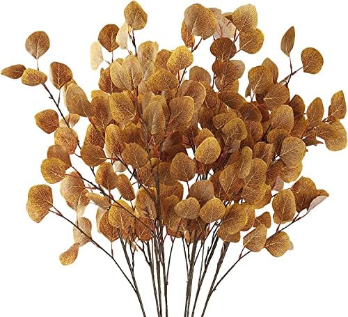 Sggvecsy 6 Pcs Fall Eucalyptus Leaves Artificial Eucalyptus Stems Long Silver Dollar Leaves Autumn Leaf Branches Fake Silk Eucalyptus for Christmas Home Autumn Thanksgiving Decor(Dark Yellow) by Sggvecsy