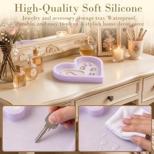 BLESWIN Cute Heart Silicone Jewelry Dish, Soft Ring Holder Tray, Small Trinket Bowl for Keys Earrings Necklace, Aesthetic Home Decoration Gift for Women Girls Mom Best Friend, Purple - Image 6
