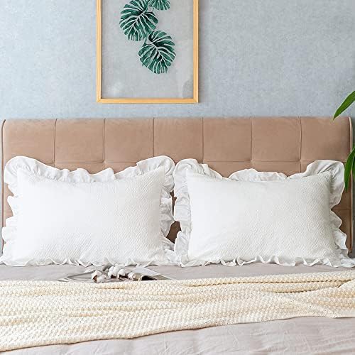 GLORY SEASON Pillow Shams Set of 2 Pure Cotton Champray Ruffled Edge,Thick and Solid Washed Dobby Heavy Fabric King 20x36 Inches by GLORYSEASON
