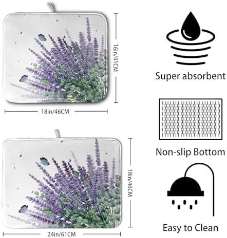 Purple Lavender Dish Drying Mat for Kitchen Counter Spring Summer Floral Microfiber Dish Drainer Mats Green Leaves Butterfly Absorbent Reversible Dish Drainer Rack Mat 16x18 Inch - Image 2