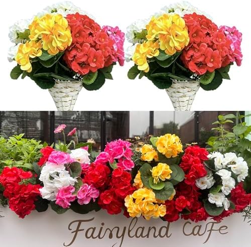 4 PCS Artificial Geraniums for Outdoors UV Resistant Fake Geraniums Flowers Silk Flowers for Home Garden Balcony Window Boxes Hanging Pot Decoration (Mix Color) by Amajoy