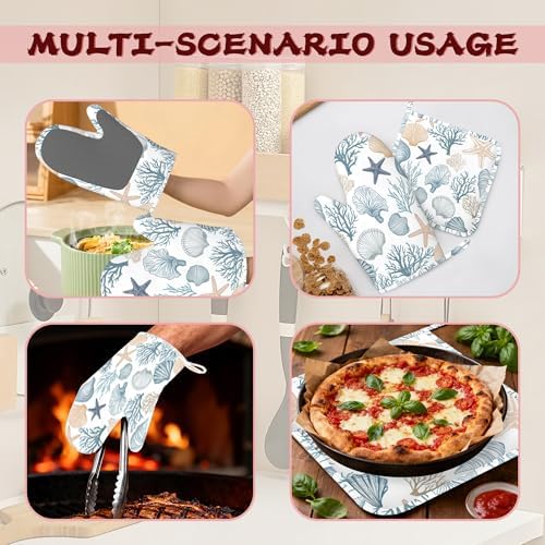Starfish Coral Shells Ocean Silicone Oven Mitts and Pot Holders,Heat-Resistant 4 Piece Kitchen Set Non-Slip Oven Gloves and Hot Pads for Cooking, Baking, Grilling,BBQ - Image 6