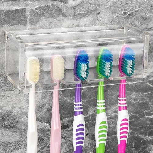 5 Slots Wall Mount Toothbrush Holder with Cover, Self Adhesive Toothbrush Storage Organizer for Shower, Toothbrush Hanger for Bathroom, Medicine Cabinet, Dorm (Clear) by LUEXBOX