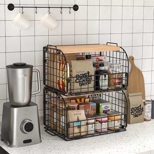 2 Set Stackable Wire Basket with Openable Top, Kitchen Counter, Pantry Organizer and Storage Produce Onion Potato Fruits Vegs Bread Food Snack Spice Organizing Bin for Cabinet Shelf Countertop Floor - Image 2