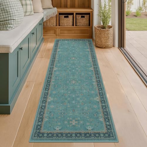 Boho 2'6"x8' Wide Hallway Runner Rugs - Teal 8ft Long Washable Door Rugs for Entryway Indoor, Non Slip with Rubber Backing, Vintage Floral Indoor Décor, Low Pile & Soft Carpet by HazoHaus
