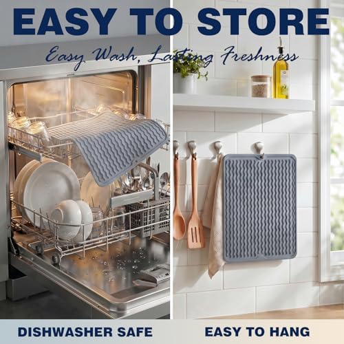 2 Pack Caketime Silicone Dish Drying Mat for Kitchen Counter Multiple Usage for Cooking Grilling Under Sink Office Coffee Accessories Appliances Pioneer Woman Stuff Extra Large 18"x16" Blue - Image 6