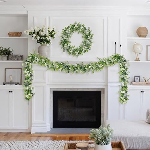 6FT Eucalyptus Garland with Flowers, 4 Pack Greenery Hanging Summer Eucalyptus Garland Suitable for Table Wedding Backdrop Arch Wall Party Thanksgiving UV Protected Indoor Outdoor Decorations - Image 5