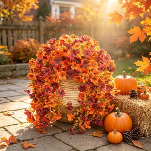 HyeFlora Artificial Autumn Flowers for Outdoors Fall Light Orange & Brown Daisy, Fake Hanging Decoration, 2Pcs Outside Decor, Realistic Plants, Silk Flower for Porch Patio Balcony Planter Yard - Image 6