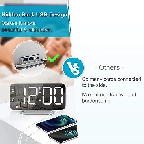 Slim LED Digital Alarm Clock, Mirror Surface for Makeup, with Diming, Large Display, Easy Setting, USB Ports, Modern Decor for Bedroom, Desk, Xmas, Birthday Gift for Women, Sister, Teen Girl, Silver - Image 5