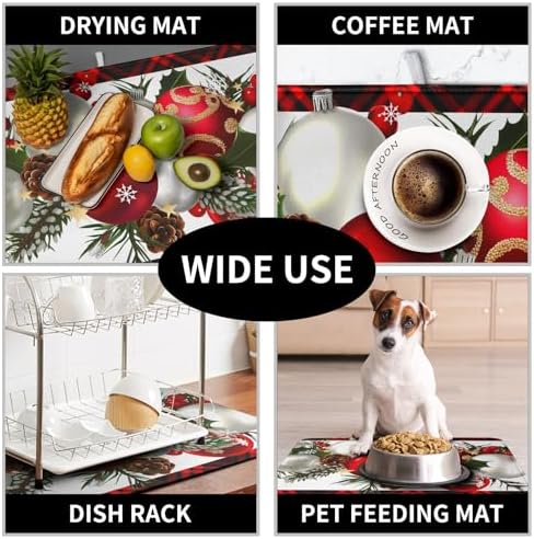 Christmas Red Buffalo Plaid Dish Drying Mat for Kitchen Counter 16x18 Inch Winter Xmas Ball Snowflake Pine Cones Dishes Drying Mat Microfibe Super Absorbent Dish Rack Pad for Coffee Bar Sinks - Image 7