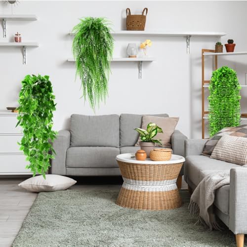 Daifunli 16 Pcs Artificial Hanging Plants Fake Hanging Ferns Plastic Faux Plants for Wall Room Garden Garland Indoor Outdoor Decor No Basket (Boston,Eucalyptus,Ivy Vine,String of Pearls) - Image 3