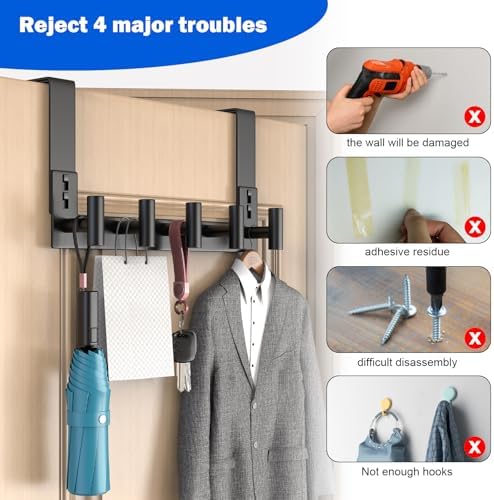 PMMASTO Door Hanger for 1-3/4 Inch Doors, Black- 5 Hooks, T Shape - Image 2