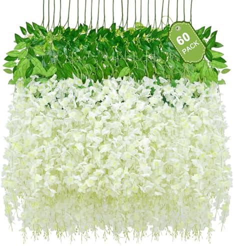 60 Pack White Wisteria Hanging Flowers, Fake Hanging Flowers for Decoration, Artificial Hanging Flowers, Vines for Bedroom, Flower Garland for Home, Party, Garden, Wall, Wedding Decoration(3.6 Ft/Pcs) by Waipfaru