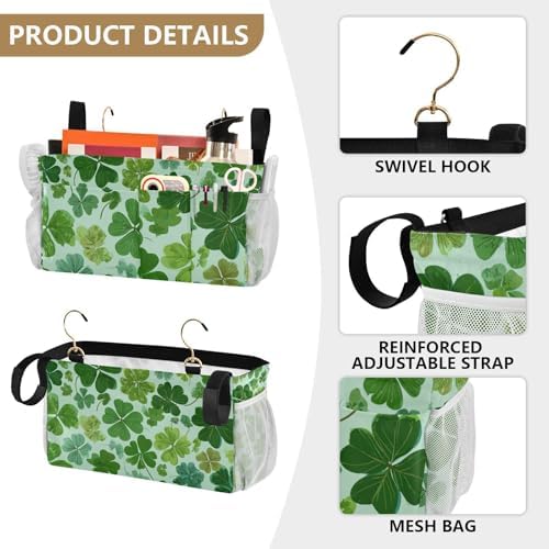 Bedside Caddy Hanging Bunk Bed Caddy Bed Organizer Hanging Pocket with 2 Hooks Bedside Storage Organizer Pocket Bag Holder Green Nature St Patrick Clovers - Image 5