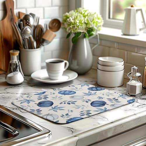 Fall Dish Drying Mat Blue Pumpkin Maple Leaves Drying Mats for Kitchen Counter 16x18 Inch Autumn Thanksgiving Absorbent Microfiber Dish Draining Mat Dishes Pad with Hanging Loop - Image 6