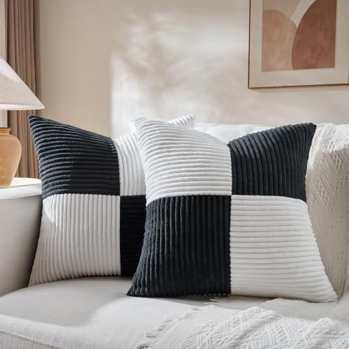Fancy Homi Set of 2 Black White Big Decorative Throw Pillow Covers 24x24 Inch for Couch Bed Sofa, Modern Farmhouse Boho Home Decor, Soft Cross Corduroy Patchwork Accent Square Cushion Case 60x60 cm by Fancy+Homi
