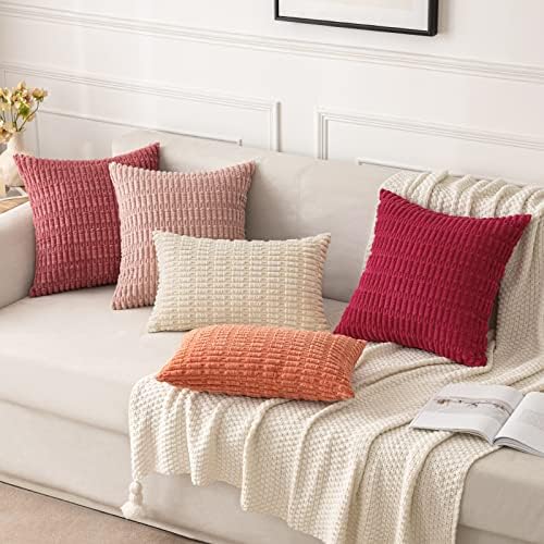 MIULEE Corduroy Decorative Throw Pillow Covers 18x18 Coral Pack of 2 - Image 2