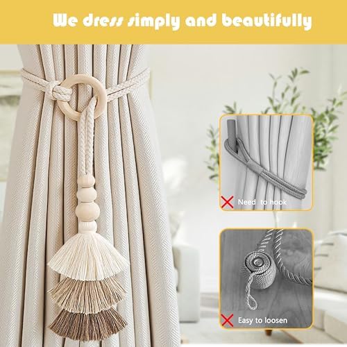 SRG Curtain Tiebacks for Curtains 2 Pack, Decorative Curtain Holdbacks for Drapes, Handmade Tie Backs No Drilling for Home Bedroom Window Decor – Tassel Beige - Image 6