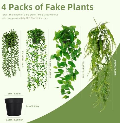 Fake Plants 4 Pack Artificial Hanging Plants Fake Potted Greenery - Image 2