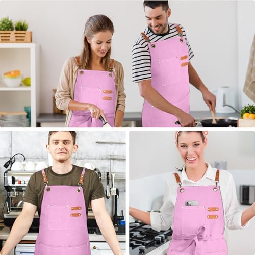 OUNLEN Chef Apron for Men Women Canvas Aprons with 3 Pockets Cross Back Resistant Work Apron for Cooking - Image 6