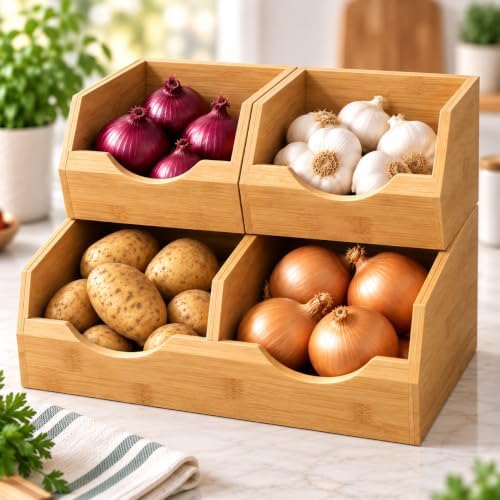 3 Piece Stackable Bamboo Pantry Storage Bins, Potato and Onion Storage, Fruit & Vegetable Container Baskets for Kitchen Countertop, Easy Front Access, Multipurpose organization by Unknown