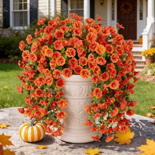 Orange Artificial Fall Petunias Flowers, 4 Pcs Silk Faux Flowers UV Resistant No Fade Fake Plants, Realistic Indoor Outdoor Decor for Garden Balcony Yard Porch by Unknown