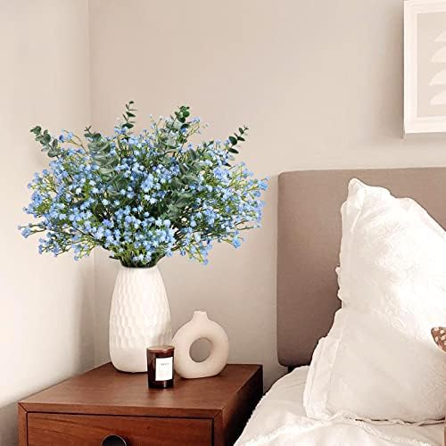 Blue Babys Breath Artificial Flowers with Fake Eucalyptus Leaves, 18Pcs - Image 2