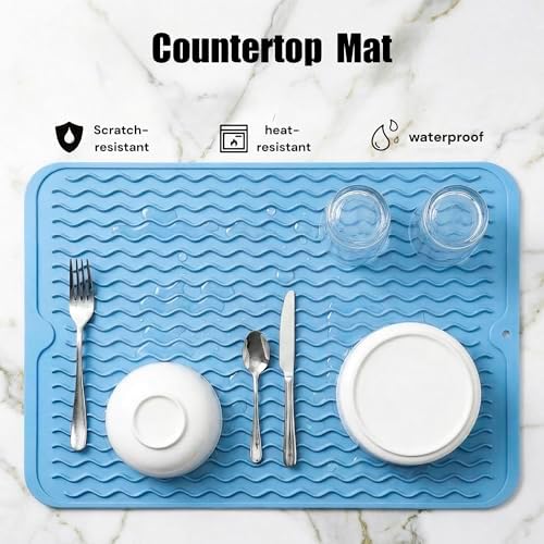 MicoYang Silicone Dish Drying Mat — Quick-Dry Ridges Counter & Sink Pad, Heat-Resistant Trivet to 450°F, Non-Slip & Dishwasher Safe, Roll-Up Storage, 18 Colors & 9 Sizes (Light Blue, 16"×12") - Image 3