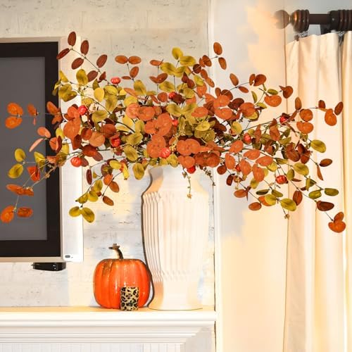 Uieke 8PCS Artificial Fall Eucalyptus Stems, 28inch Fall Eucalyptus Leaves Branches with Orange Pumpkins Long Stems Fall Decorations for Home Autumn Florals Arrangement Thanksgiving Decor - Image 5