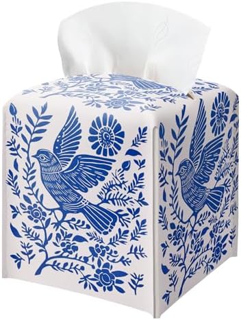 Blue Tissue Box Holder, Scandinavian Boho Bird Leather Tissue Box Cover Square, Paper Napkins Everyday Dispenser for Bathroom Vanity Countertop Night Stands Kitchen Office Car Home Decor by BGFMVS