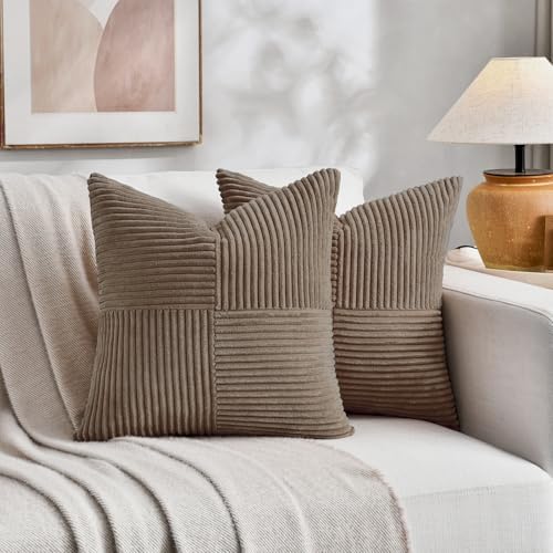 Fancy Homi Set of 2, Light Brown Patchwork Corduroy Decorative Soft Striped Modern Accent Cushion Case Farmhouse Boho Neutral Throw Pillow Covers for Chair Couch Bed Sofa Living Room 20x20 Inch - Image 5