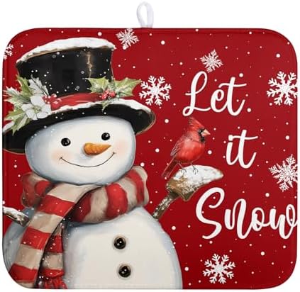 Snowman Christmas Dish Drying Mat Winter Drying Mats for Kitchen Counter Xmas Holiday Red Dish Draining Mat Microfiber Absorbent Reusable Dish Rack Pad 16x18 Inch by Wnoesat