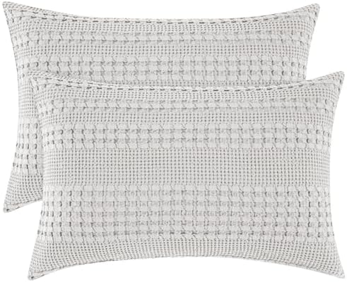 PHF Cotton Waffle Pillow Shams King Size 20" x 36", Light Grey, No Insert by PHF