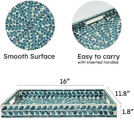 Serving Tray 15.7" X11.8", Lacquer Mother of Pearl Inlay Mosaic Tray, Rectangle Wooden Marble Tray with Handles Trays for Tea, Breakfast in Bed, Table (Blue) - Image 2