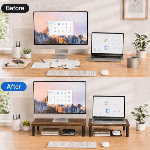 OPNICE Adjustable Monitor Stand Riser for Desk, Wood Computer & Laptop Stand, Desk Organizers and Accessories, Office Desk Accessories & Workspace Organizer for Home Office Supplies, Brown 2-Pack - Image 3