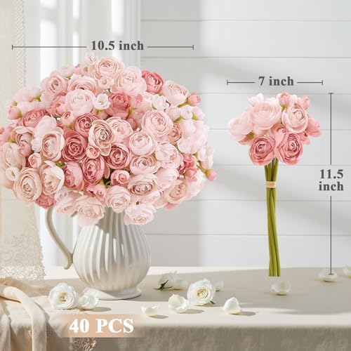 U'Artlines Mini Ranunculus Artificial Flowers Bouquet 40 PCS Dusty Rose - Image 3