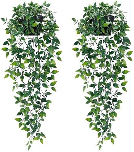 Waipfaru 2Pcs Fake Hanging Plants with Pot Eucalyptus Leaves Fake Vines by Waipfaru